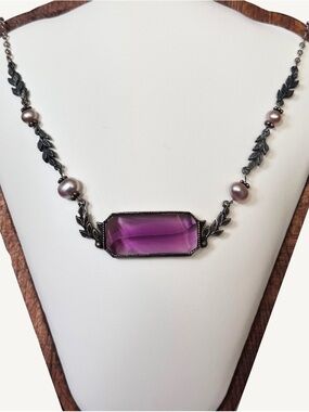 Antique Sterling 925 Art Deco Czech Glass Necklace with Leaf & Pearl Chain